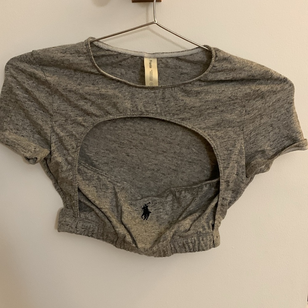 Frankie’s grey sized small workout crop top with built in bra.